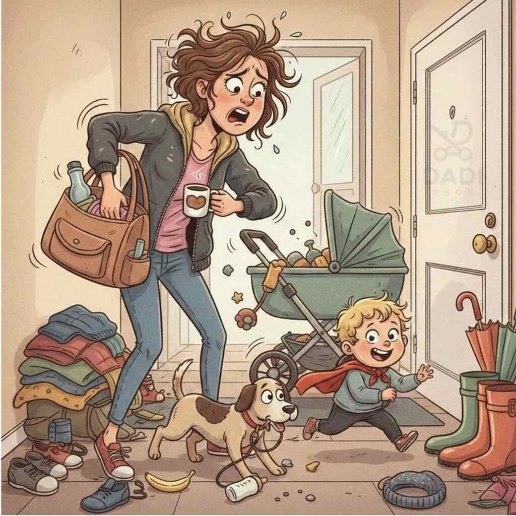 Zestresowana mama pakuje torbę w chaosie, a dziecko ucieka przed spacerem. Ilustracja o trudach wyjścia z domu.